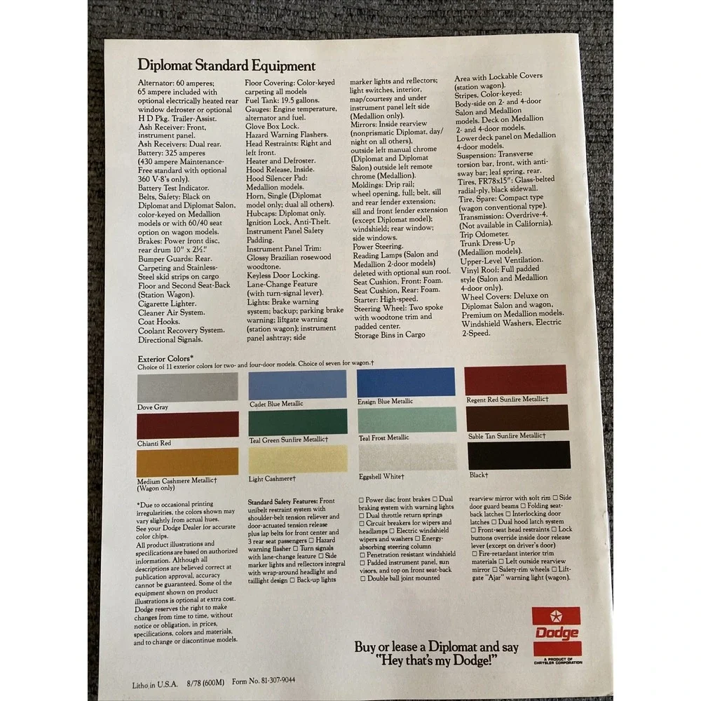 1979 Dodge Diplomat 16-page Original Car Sales Brochure Catalog‎